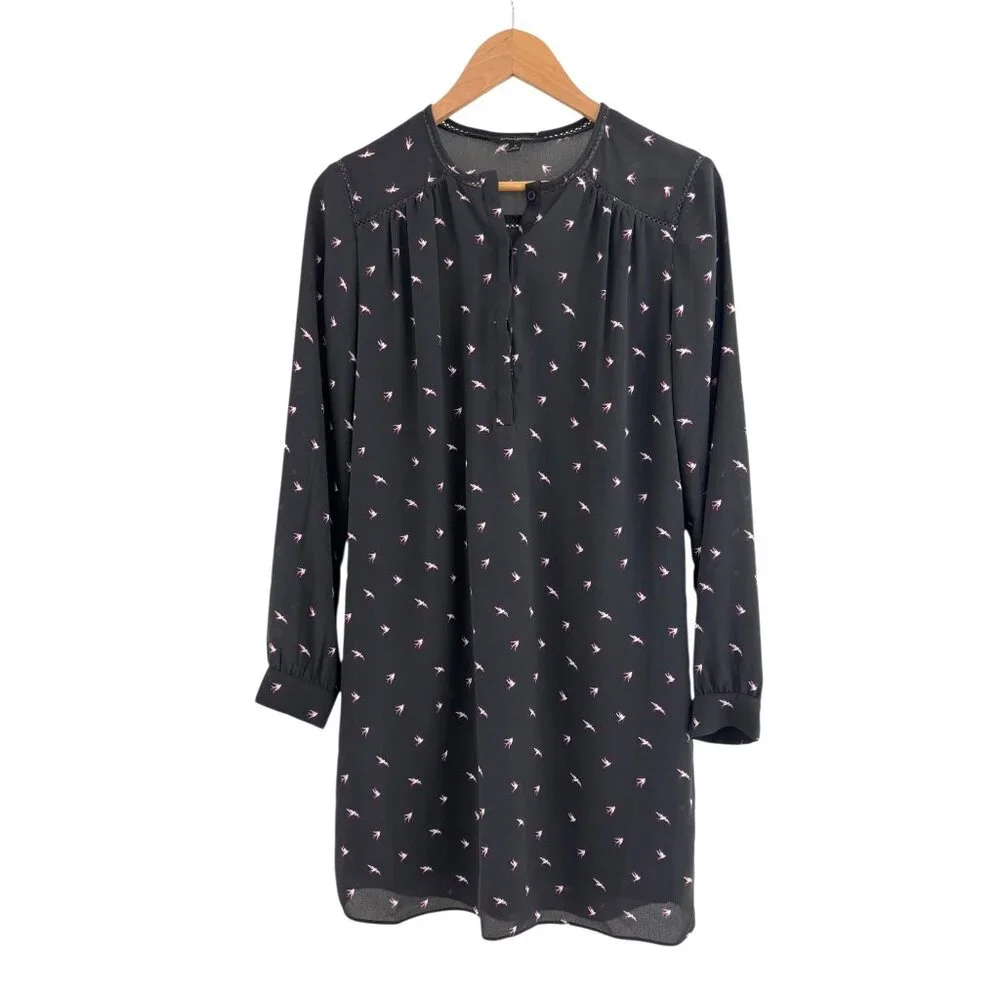 Banana‎ Republic Gray Ladder-Lace Bird Print Shift Dress Size S Chiffon Lined
